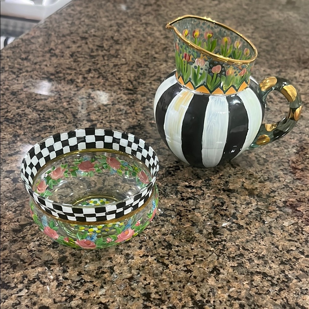 MacKenzie-Childs 1983 Richard and Victoria Creamer Pitcher and small bowl